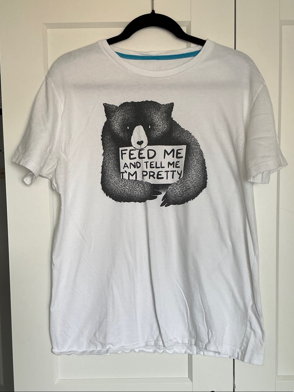 White Graphic Tee with Bear 'Feed Me and Tell Me I'm Pretty' Men's Size L